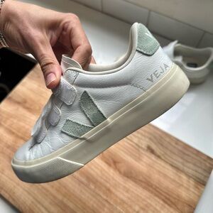Veja White and Light Green Velcro Sneakers KIDS